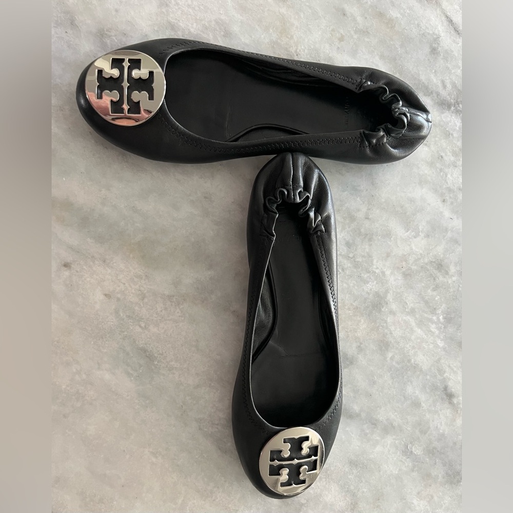 Tory Burch Black Flats with Silver Logo